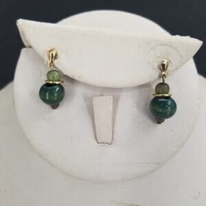 Vintage Green Wooden Bead Post Earrings Gold Color Costume Jewelry